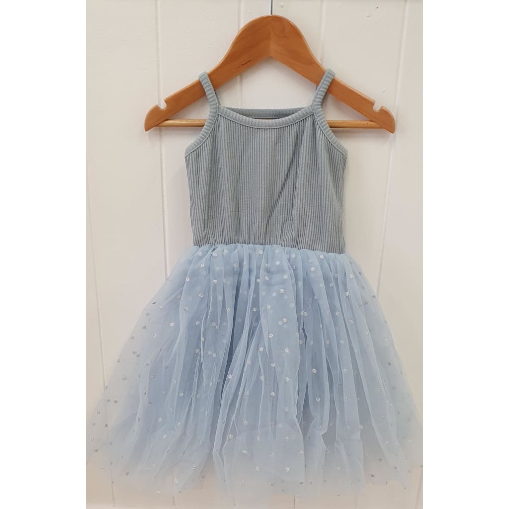 Valentina Tutu Dress - Blue Silver Dots - Girls Clothing