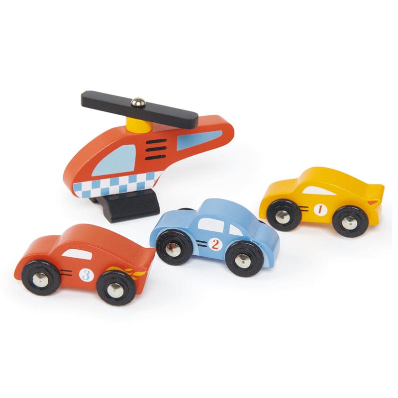 Wooden Cars and Helicopter from Blue Bird Garage toy set by Lender Leaf Toys. 
