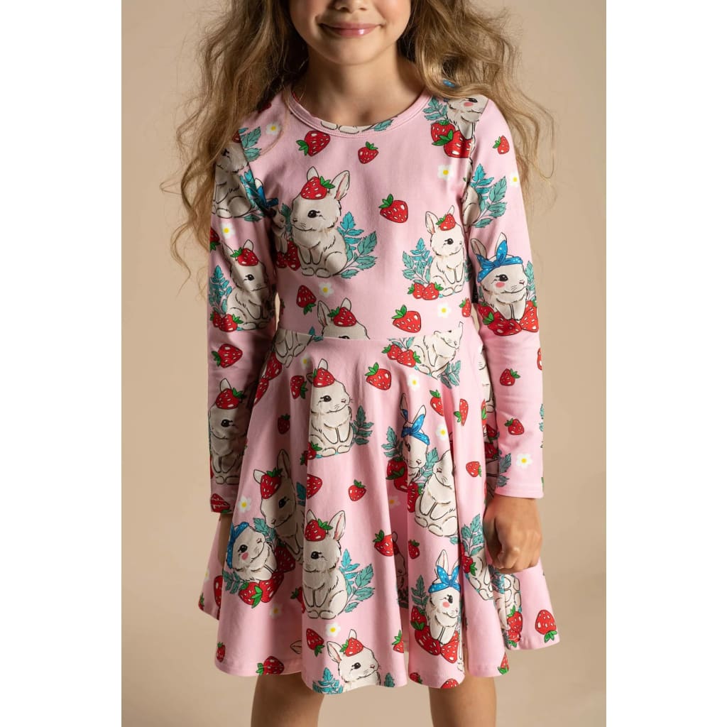 Berry Bunny Long Sleeve Waisted Dress - Girls Clothing