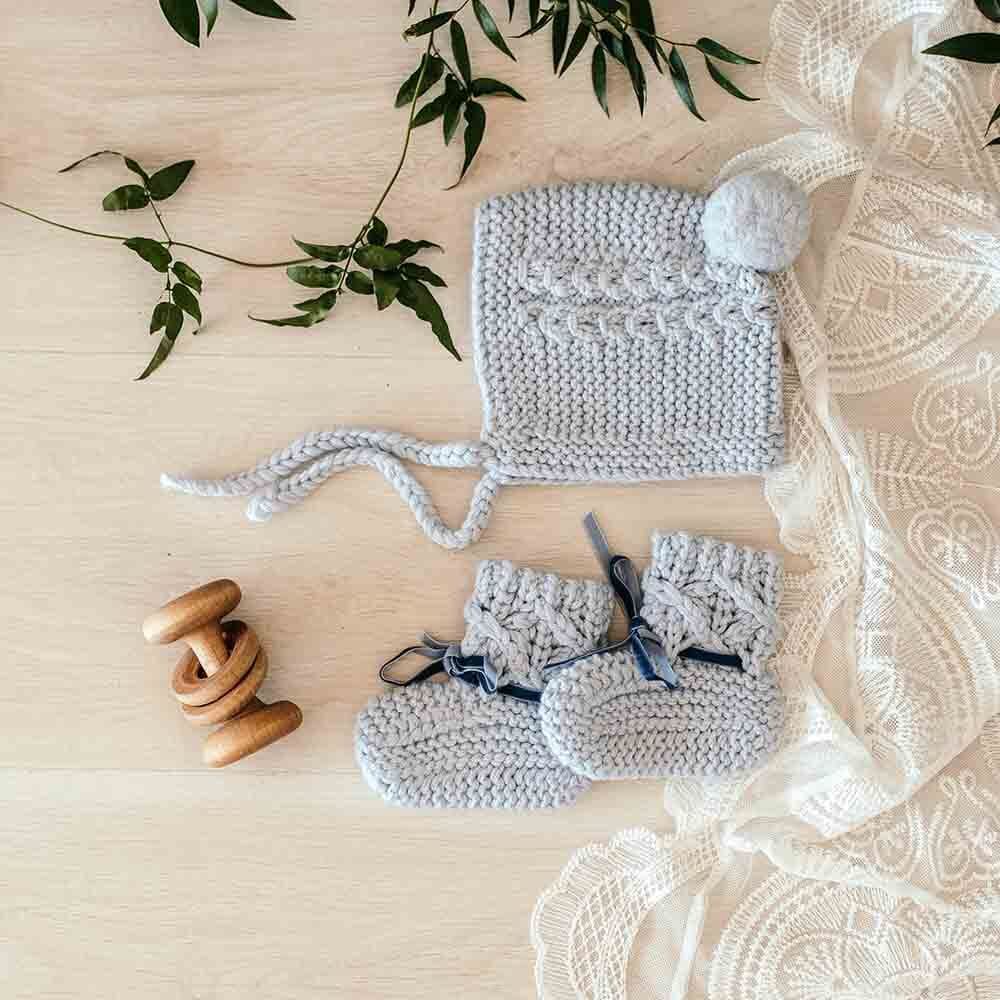 Blue Merino Wool Bonnet &amp; Booties - Baby Clothes