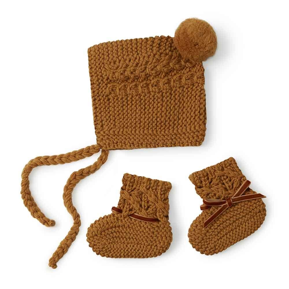 Bronze Merino Wool Bonnet & Booties Set - babies