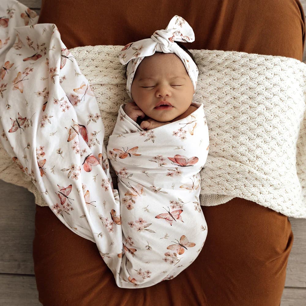 Butterfly Organic Jersey Wrap &amp; Topknot Set - Muslins &amp; Swaddle Wraps