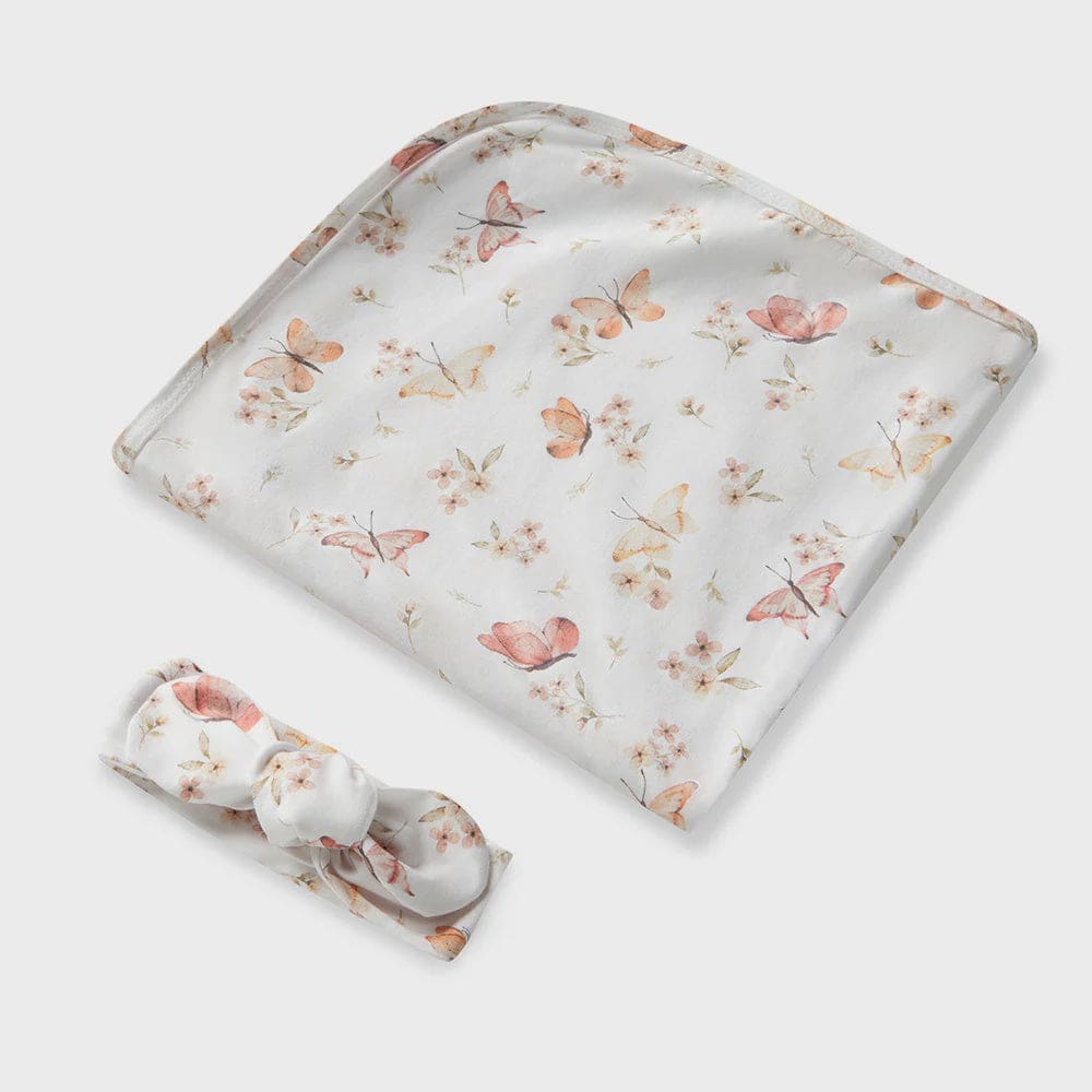 Butterfly Organic Jersey Wrap &amp; Topknot Set - Muslins &amp; Swaddle Wraps