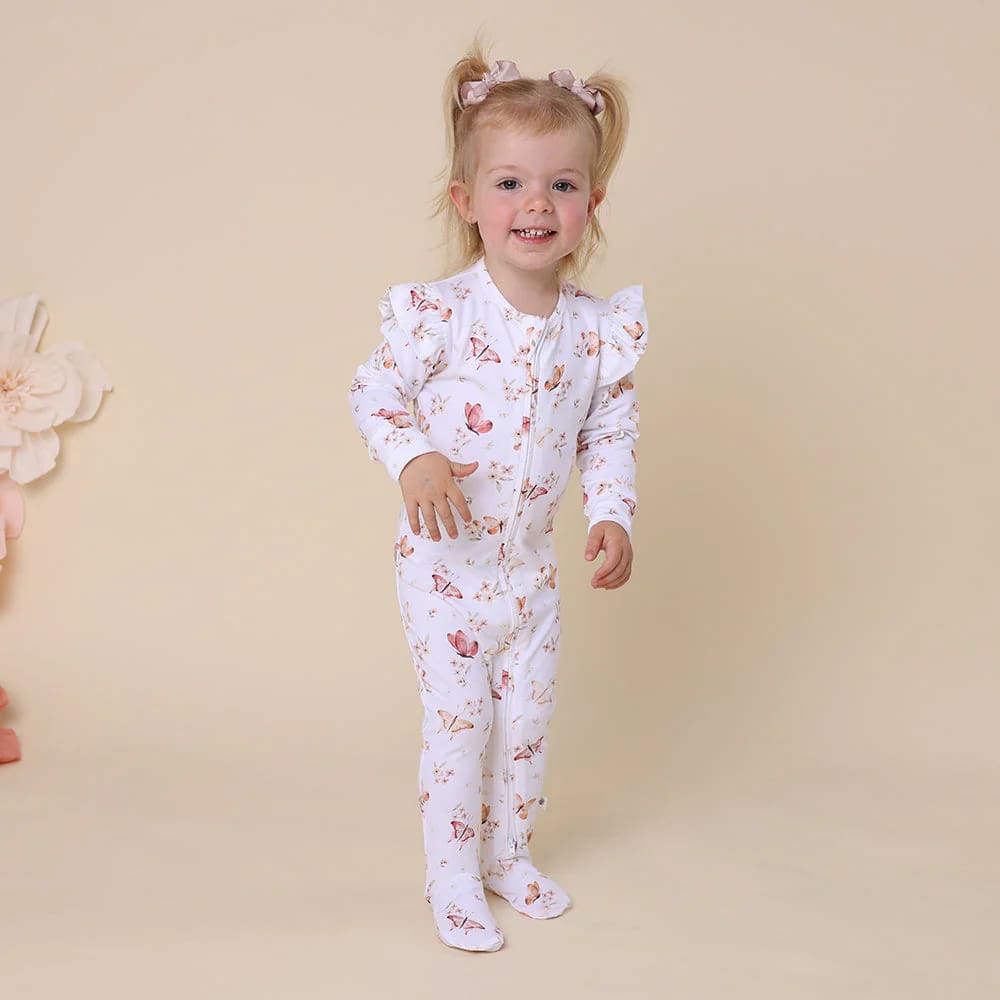 Butterfly Organic Snuggle Sleepsuit Zip Footie with Frill - Baby Girl Clothing