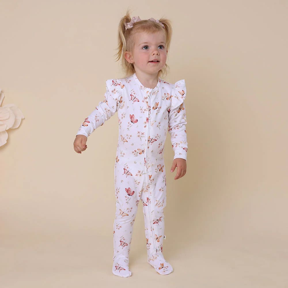 Butterfly Organic Snuggle Sleepsuit Zip Footie with Frill - Baby Girl Clothing