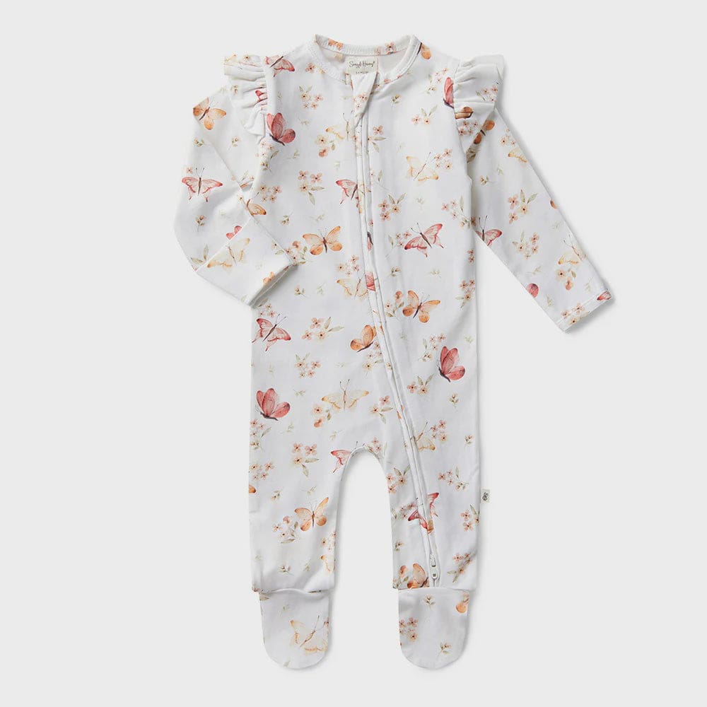 Butterfly Organic Snuggle Sleepsuit Zip Footie with Frill - Baby Girl Clothing