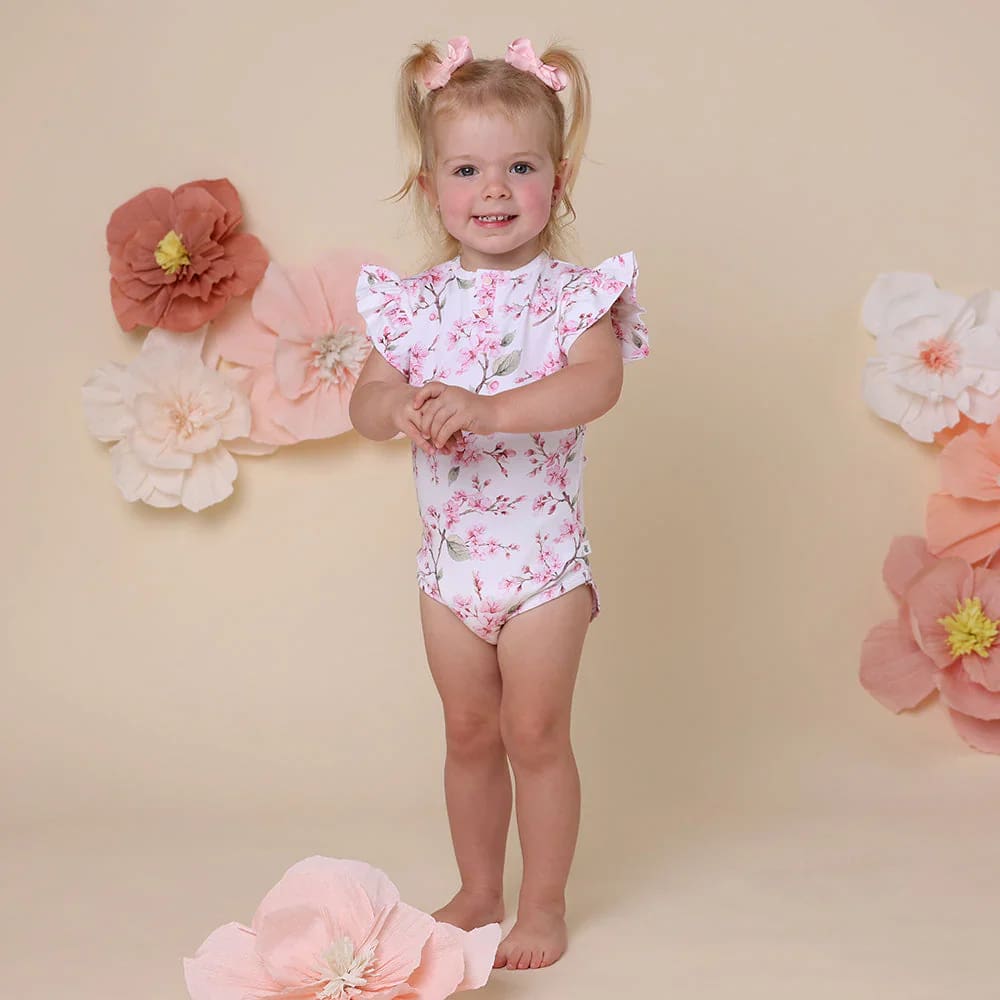 Cherry Blossom Short Sleeve Organic Bodysuit with Frill - Baby Girl Clothing