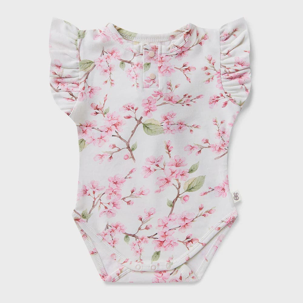 Cherry Blossom Short Sleeve Organic Bodysuit with Frill - Baby Girl Clothing