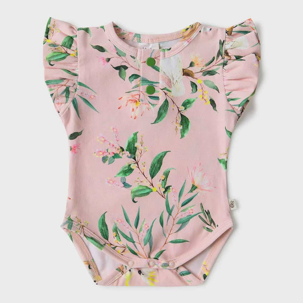 Cockatoo Short Sleeve Organic Bodysuit with Frill - Baby Girl Clothing
