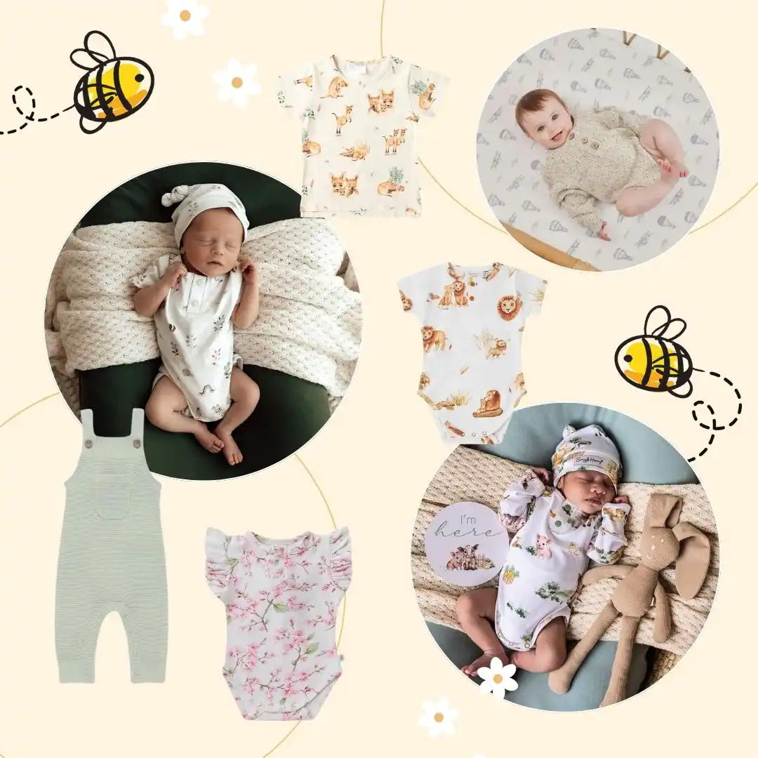 Collage of baby clothing and babies.