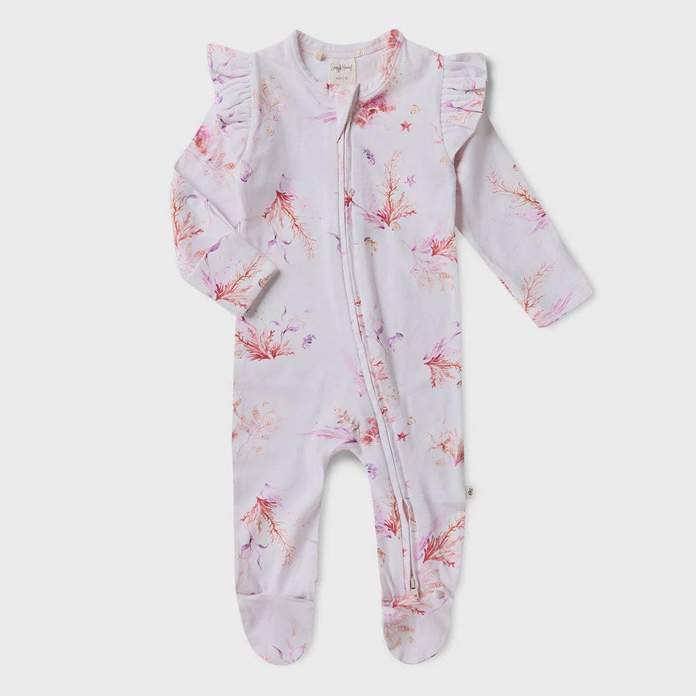 Coral Organic Snuggle Sleepsuit Zip Footie with Frill - Baby Girl Clothing