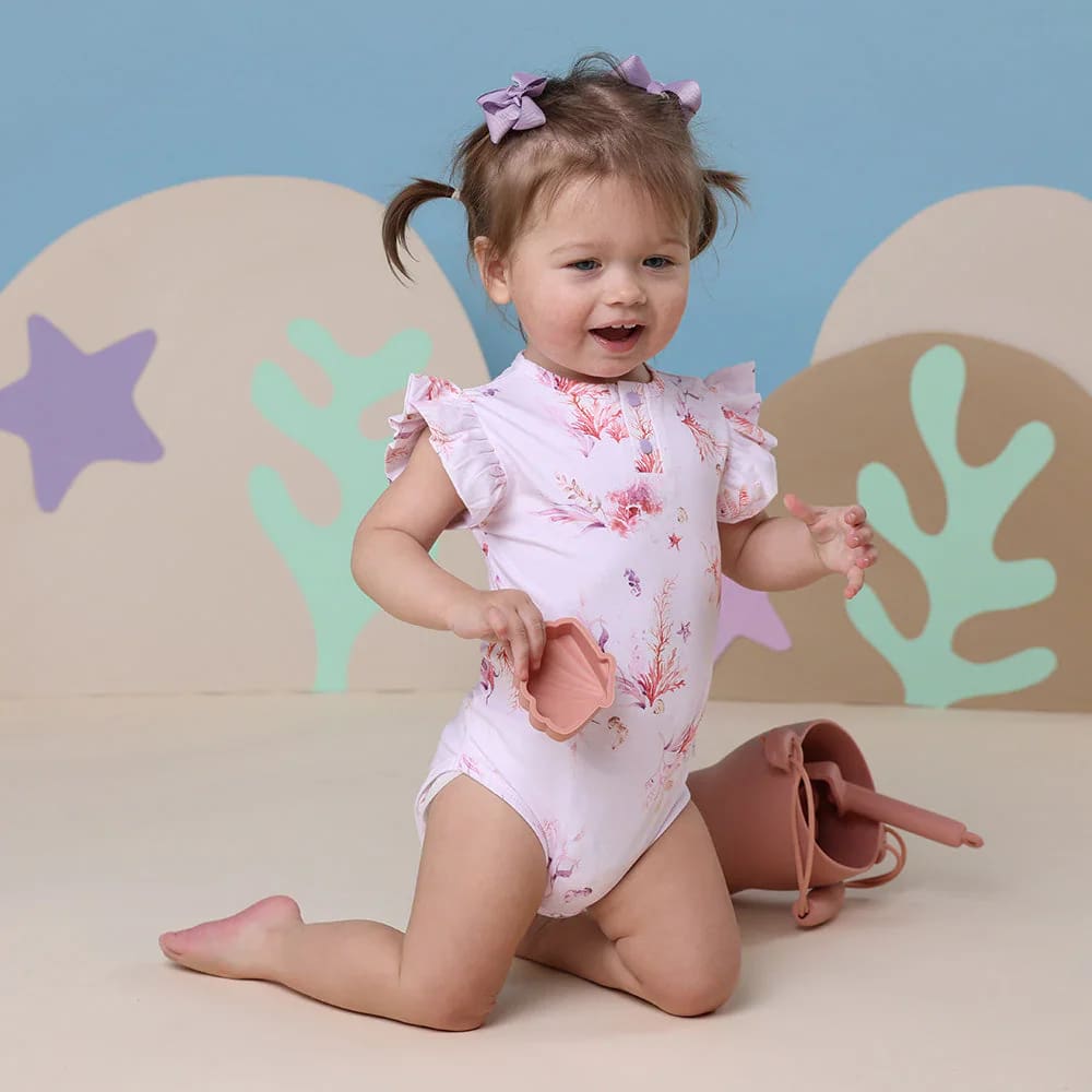 Coral Short Sleeve Organic Bodysuit with Frill - Baby Girl Clothing