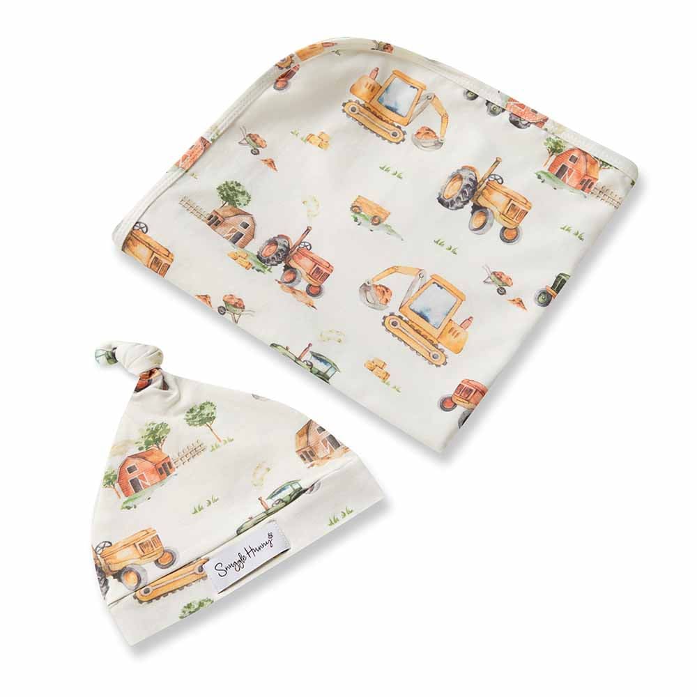 Diggers &amp; Tractors Jersey Wrap Beanie Set - Muslins Swaddle Wraps