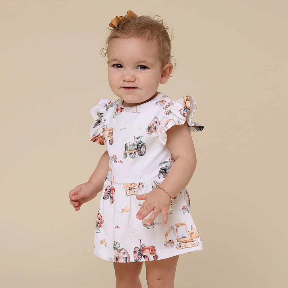 Diggers &amp; Tractors Short Sleeve Organic Dress - Baby Girl Clothing