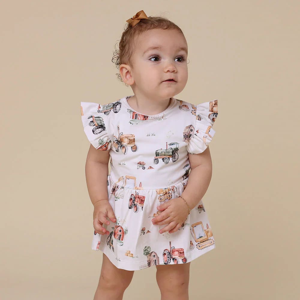 Diggers &amp; Tractors Short Sleeve Organic Dress - Baby Girl Clothing