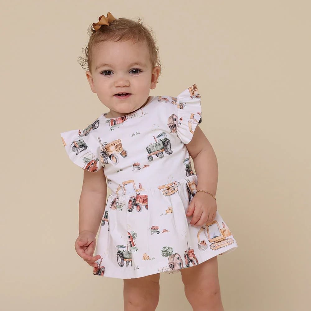 Diggers &amp; Tractors Short Sleeve Organic Dress - Baby Girl Clothing