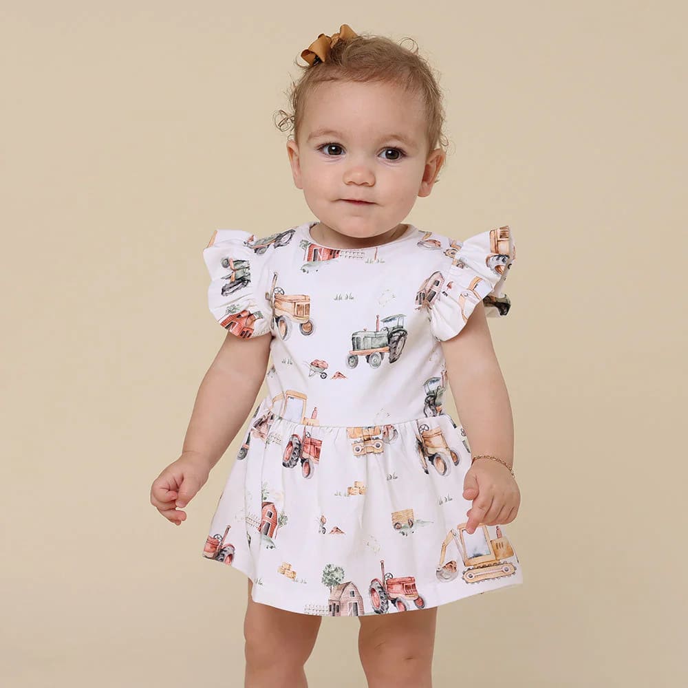 Diggers &amp; Tractors Short Sleeve Organic Dress - Baby Girl Clothing