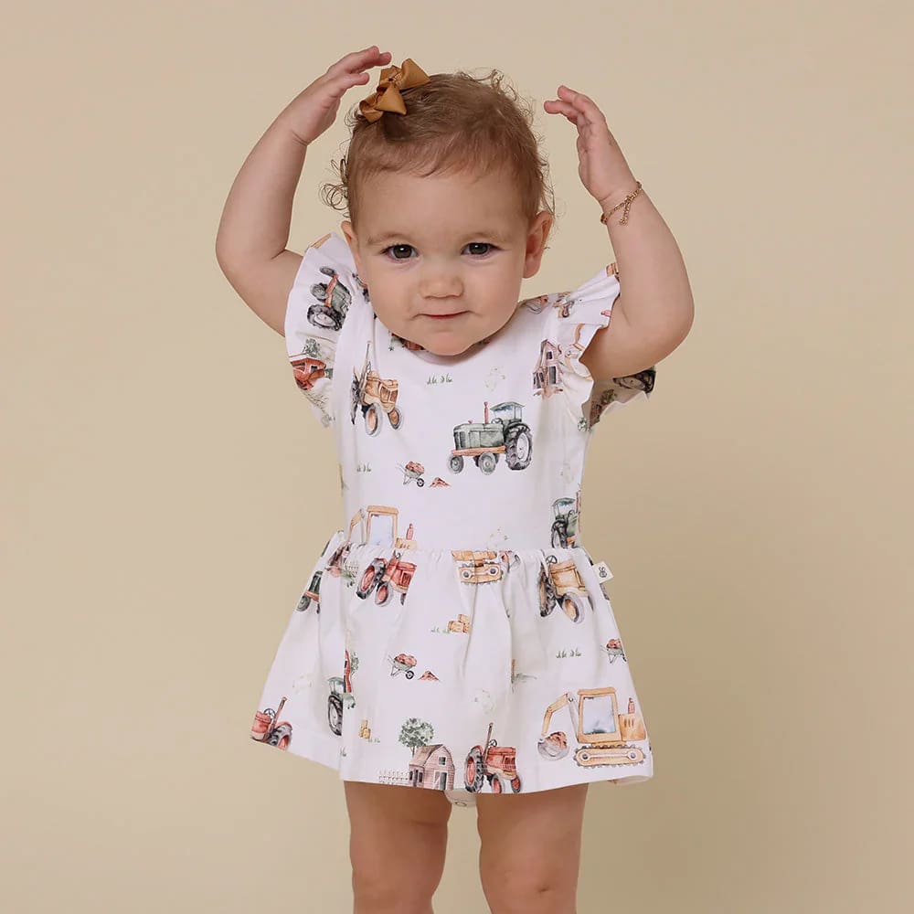 Diggers &amp; Tractors Short Sleeve Organic Dress - Baby Girl Clothing