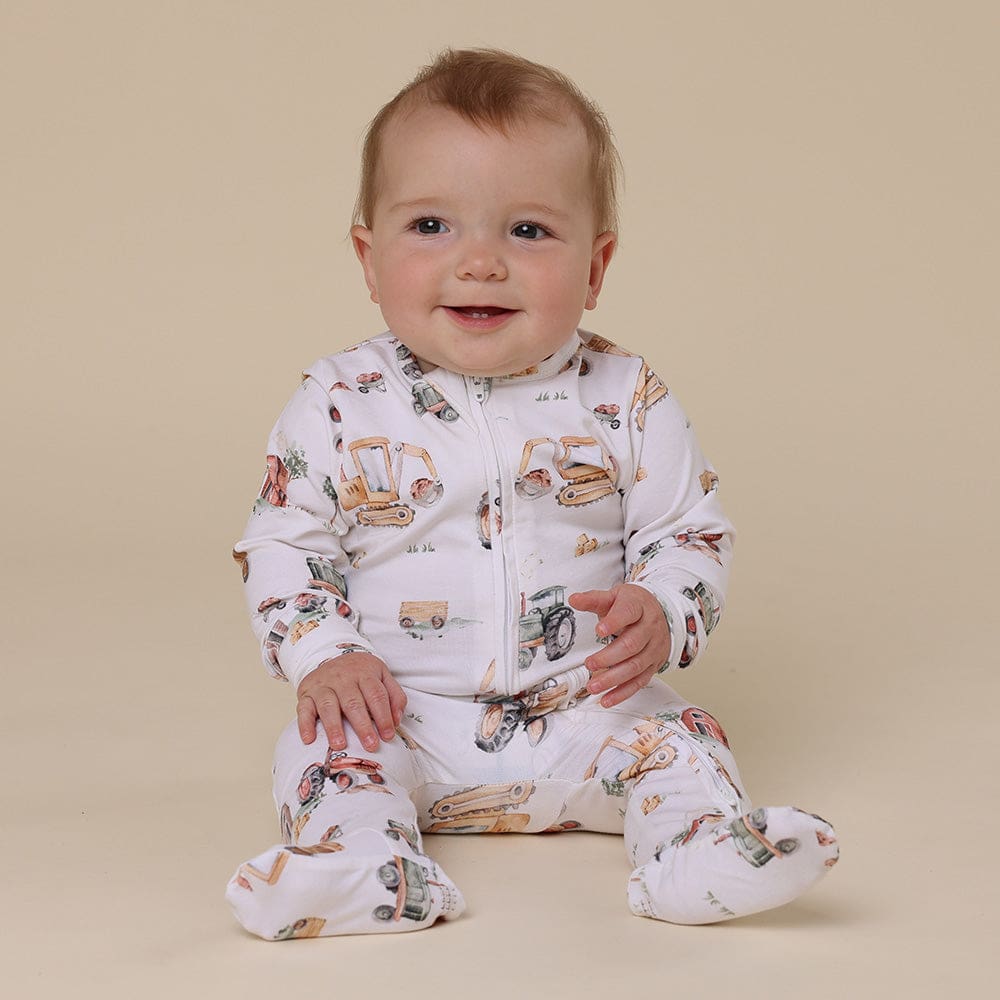 Diggers &amp; Tractors Snuggle Sleepsuit Zip Footie - Baby Boy Clothing