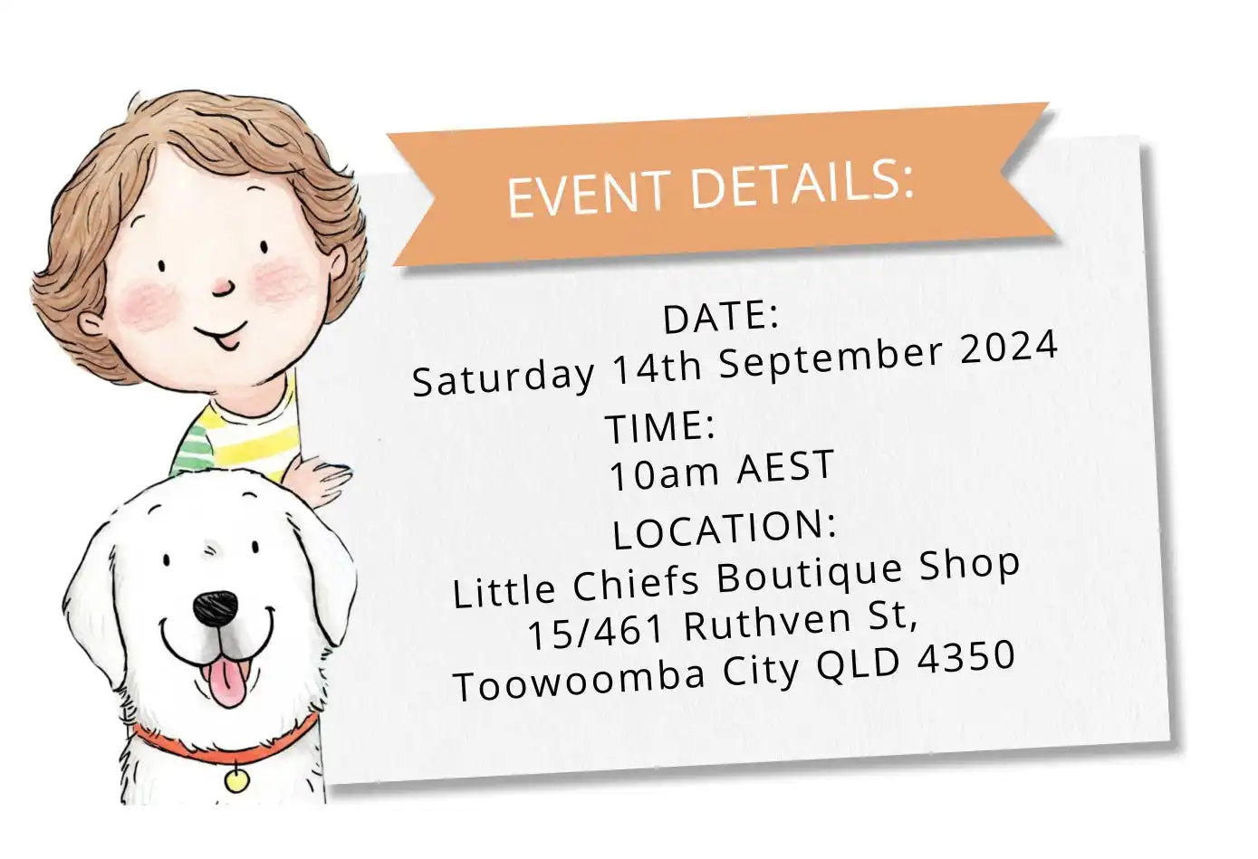 Event details card with cartoon child and dog.