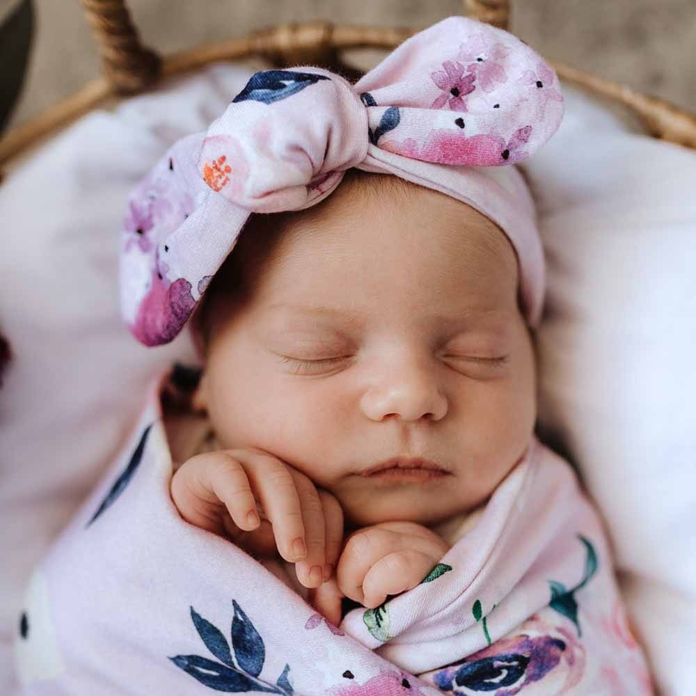 Floral Kiss - Baby Jersey Wrap &amp; Topknot Set - Muslins Wraps &amp; Swaddles