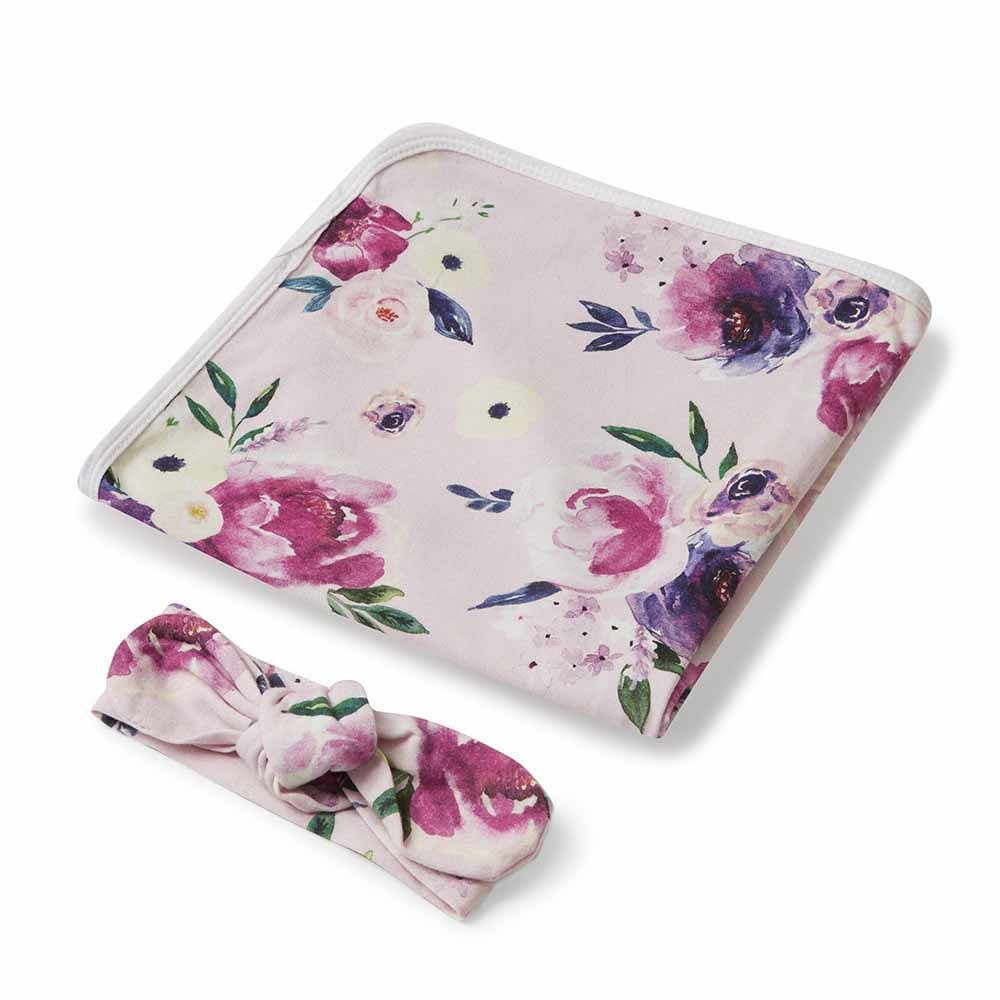 Floral Kiss - Baby Jersey Wrap &amp; Topknot Set - Muslins Wraps &amp; Swaddles