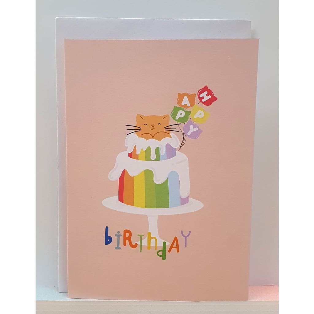 Happy Birthday Rainbow Cat Cake - Greeting Cards