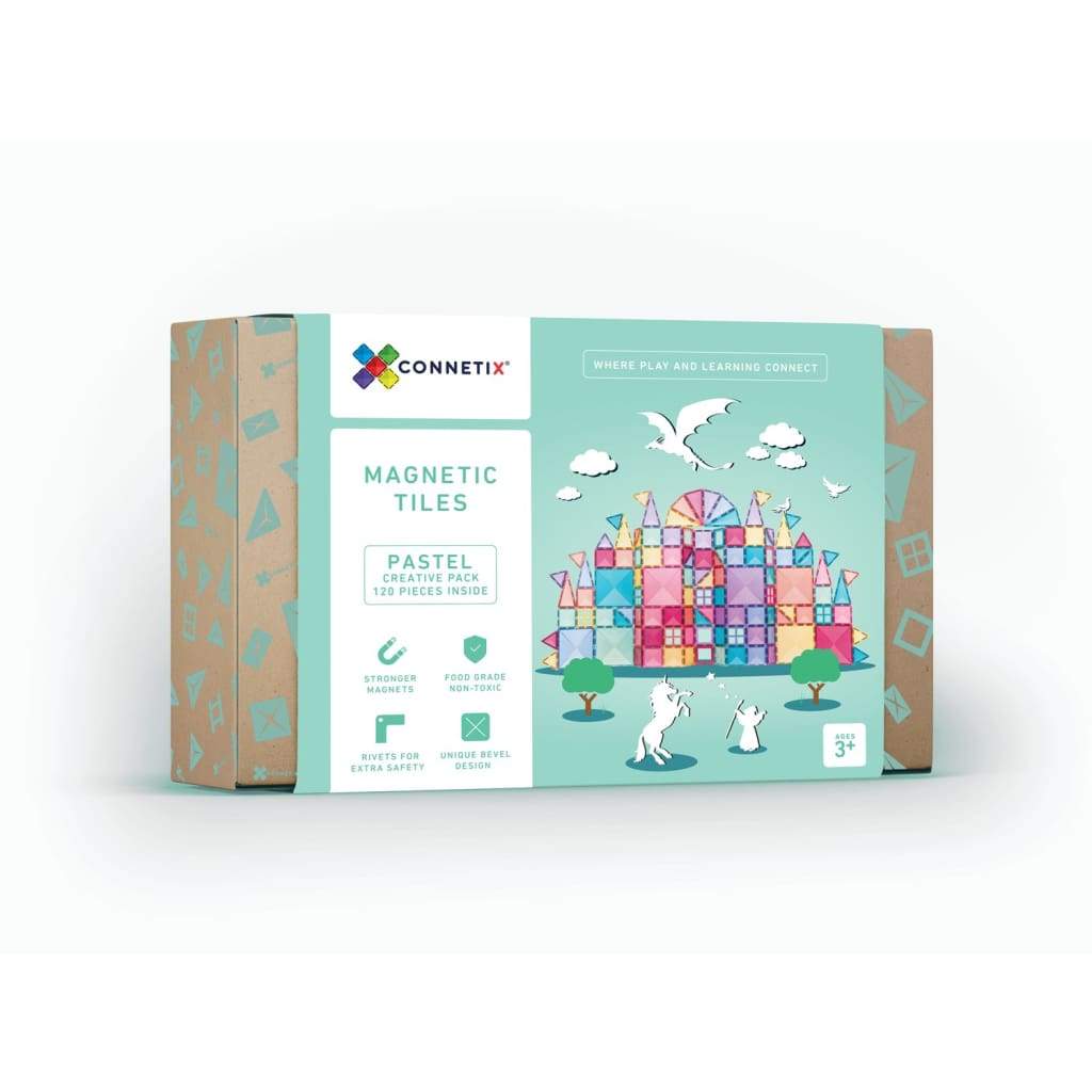 Boxed image of a 120 Piece Pastel magnetic tile toy