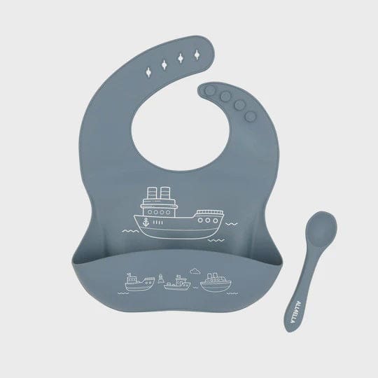 Silicone Bib with Spoon - Boats Slate Blue - Bibs