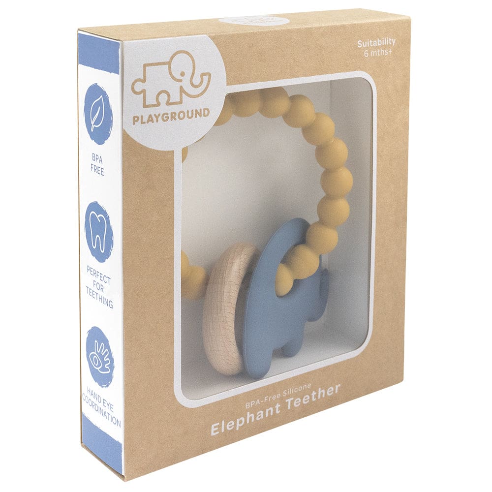 Silicone Elephant Teether with Beechwood Ring - Steel Blue - Baby