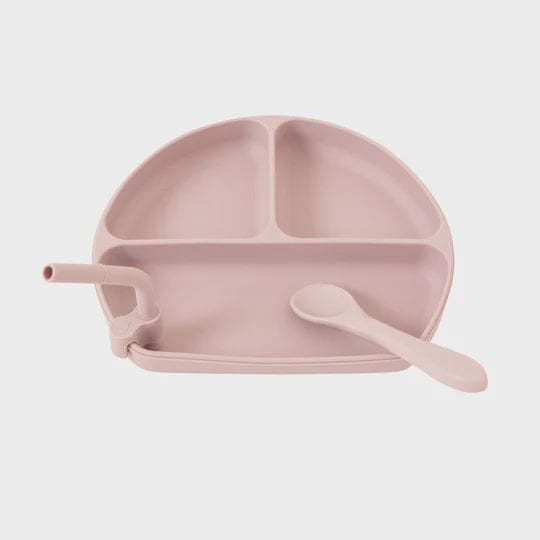 Silicone Plate with Straw &amp; Spoon - Dusty Pink - Dinner Sets