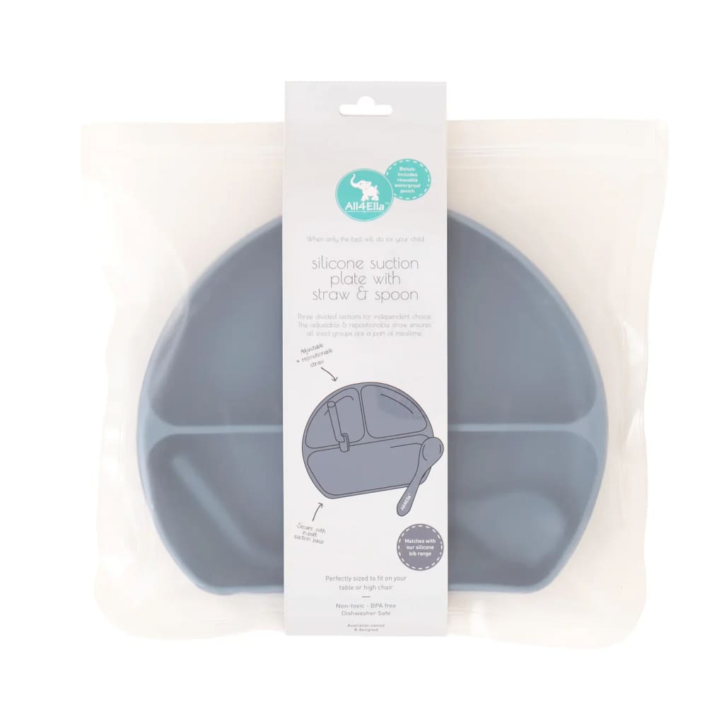 Silicone Plate with Straw &amp; Spoon - Slate Blue - Dinner Sets