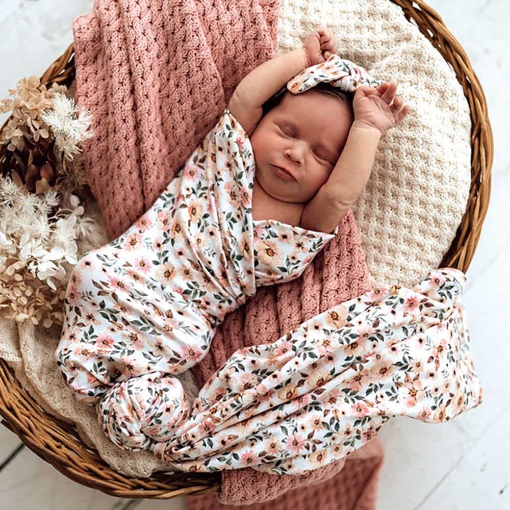 Spring Floral - Organic Jersey Wrap &amp; Topknot Set - Muslins Wraps &amp; Swaddles