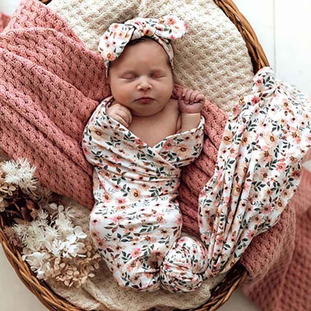 Spring Floral - Organic Jersey Wrap &amp; Topknot Set - Muslins Wraps &amp; Swaddles