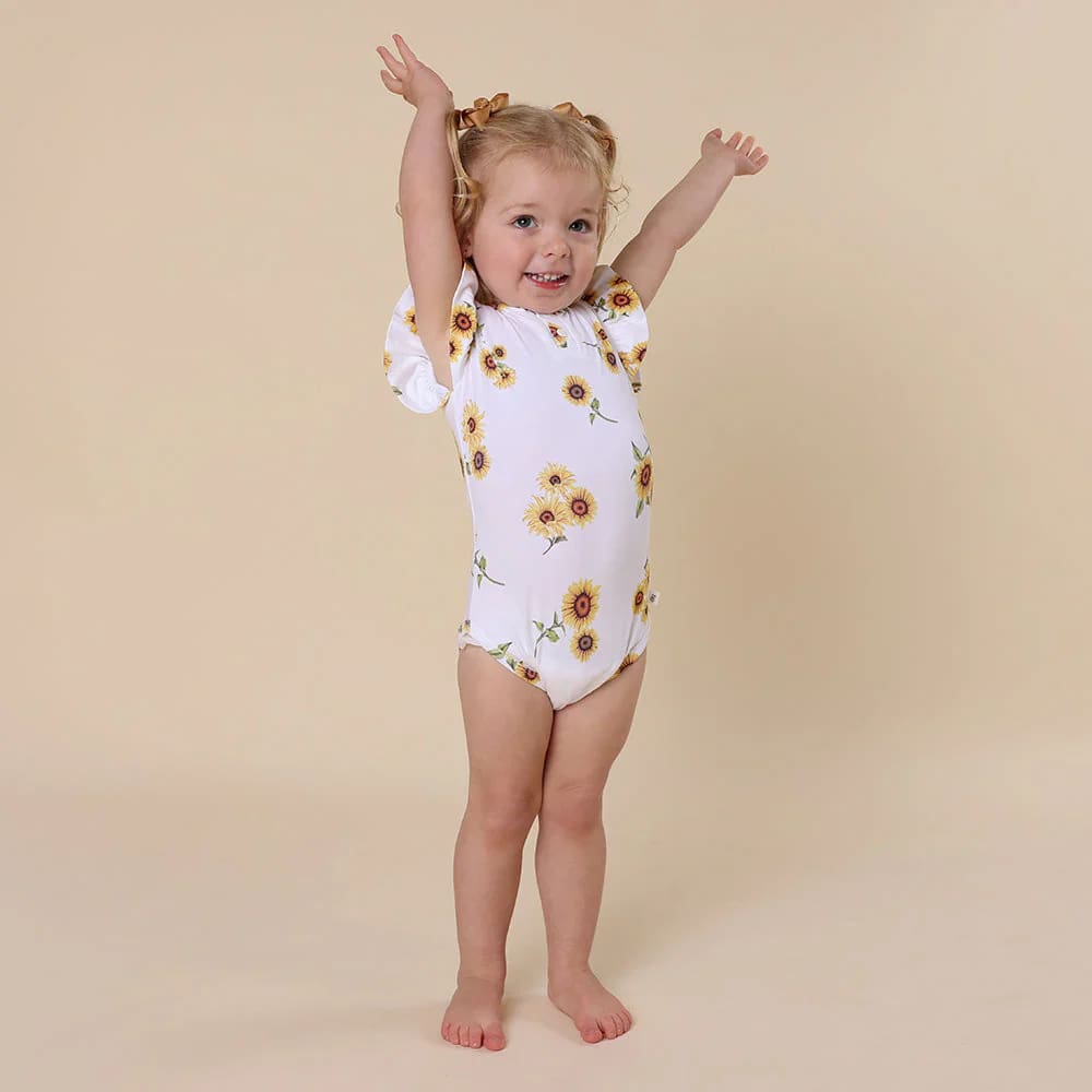 Sunflower Short Sleeve Organic Bodysuit with Frill - Baby Girl Clothing