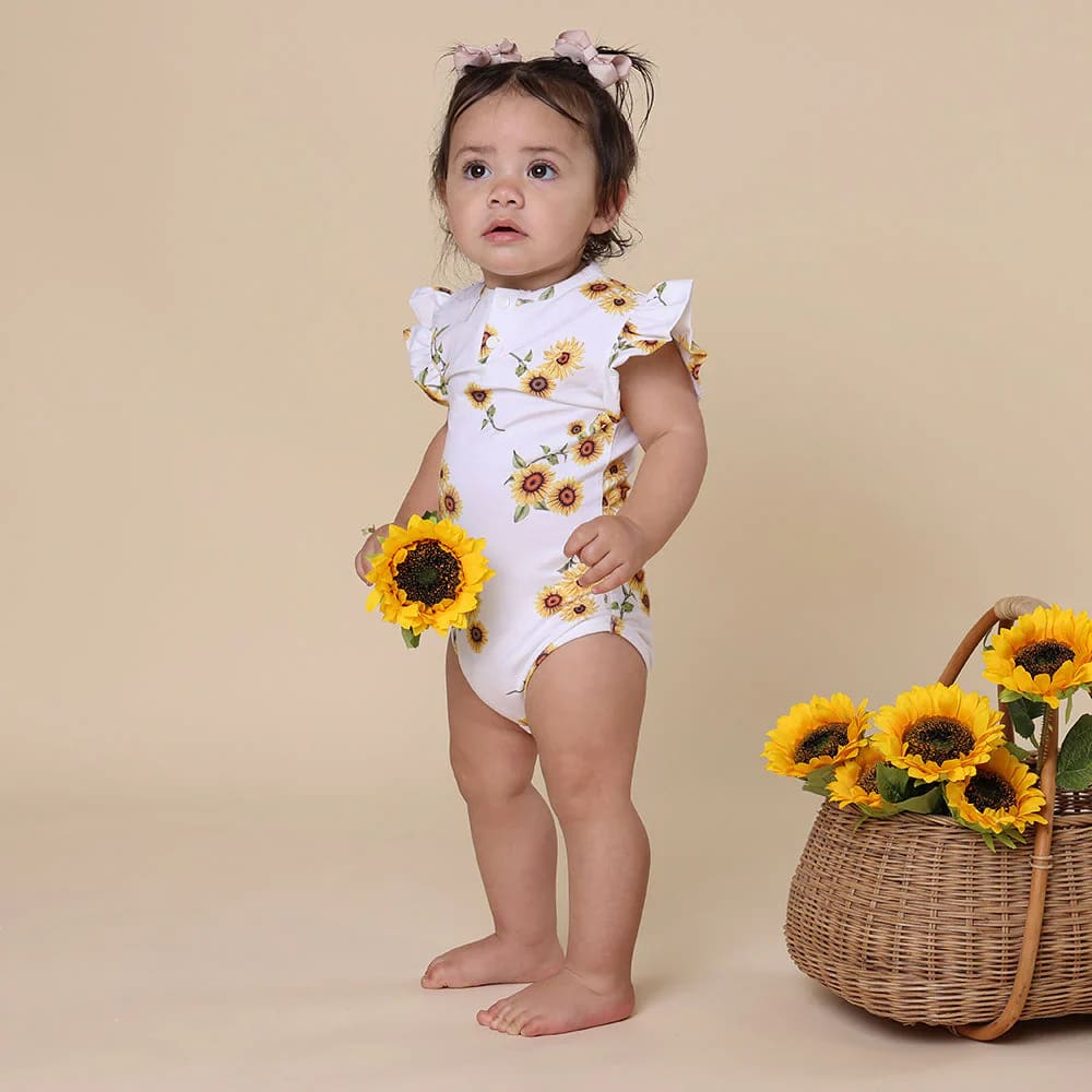 Sunflower Short Sleeve Organic Bodysuit with Frill - Baby Girl Clothing