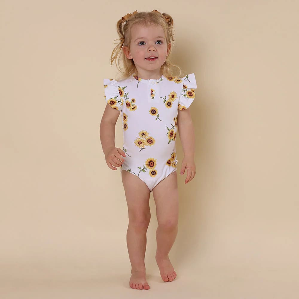 Sunflower Short Sleeve Organic Bodysuit with Frill - Baby Girl Clothing