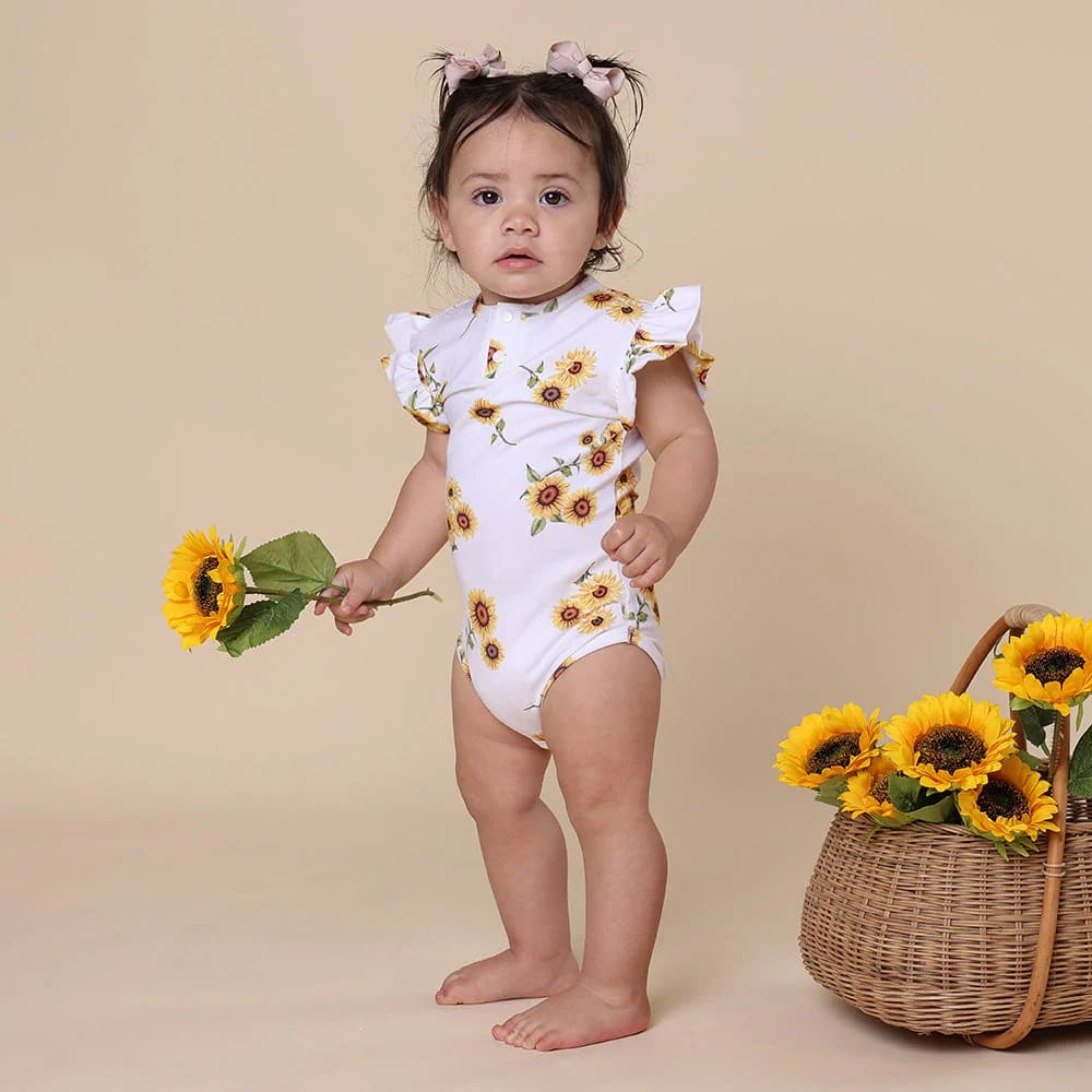 Sunflower Short Sleeve Organic Bodysuit with Frill - Baby Girl Clothing