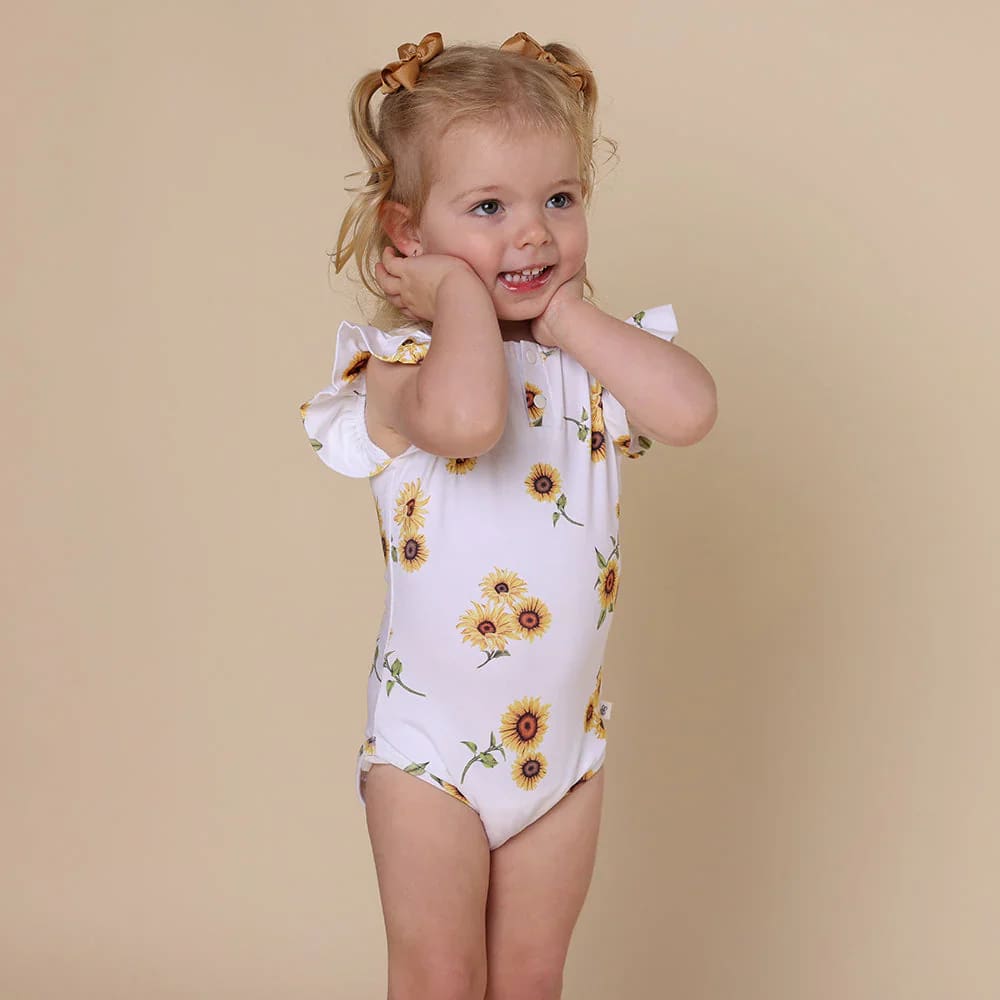 Sunflower Short Sleeve Organic Bodysuit with Frill - Baby Girl Clothing