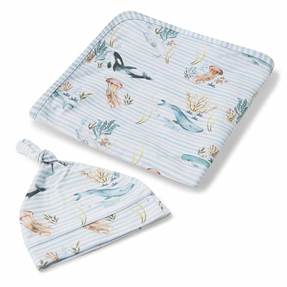 Whale - Baby Jersey Wrap &amp; Beanie Set - Muslins Wraps &amp; Swaddles