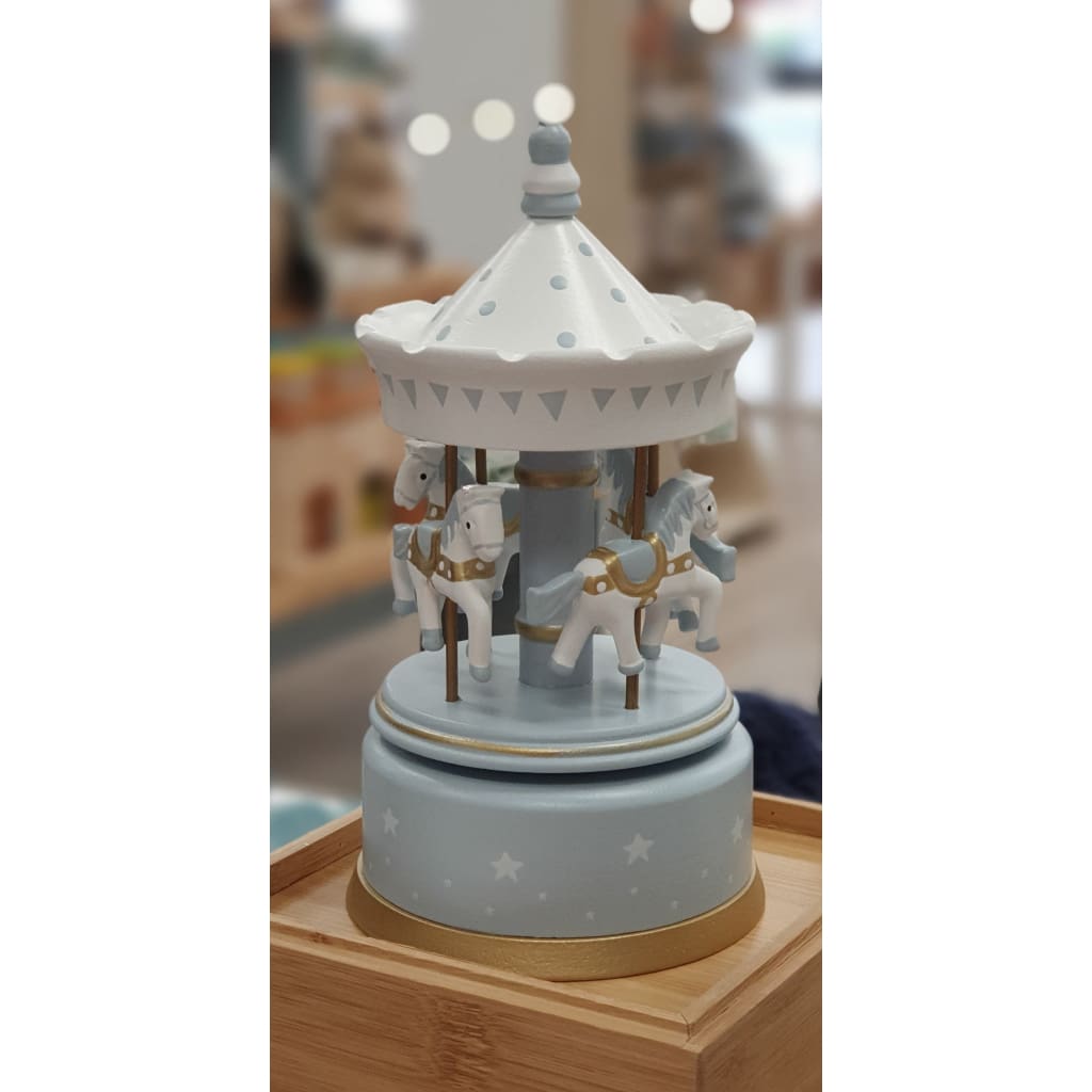 Wooden Musical Horse Carousel - White &amp; Blue - Music Boxes
