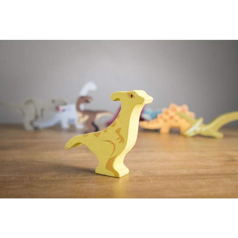 8 pack wooden dinosaur set with Parasaurolophus in foreground 